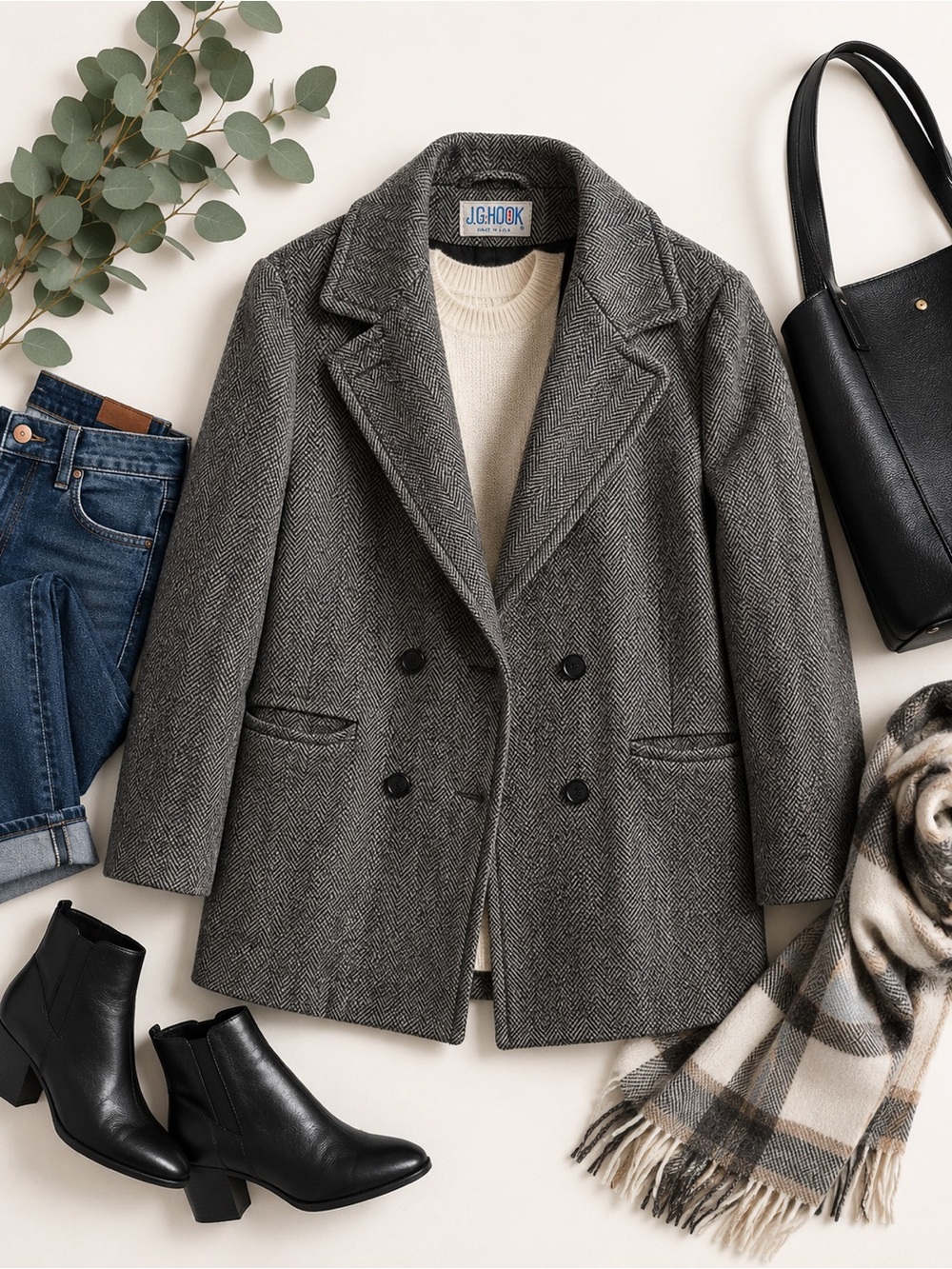 J.G. Hook Vintage 100% Wool Herringbone Peacoat Gray Double-Breasted Jacket